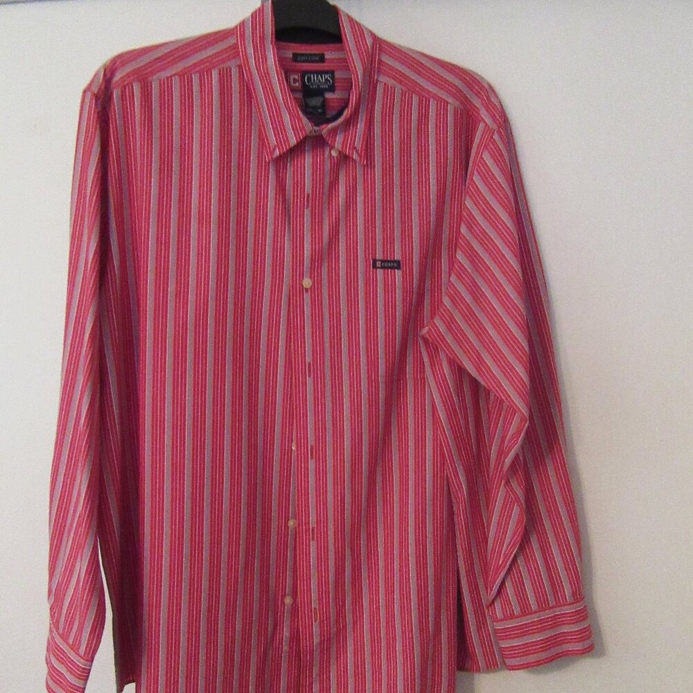 CHAPS men's button down long sleeved shirt - red orange  blue stripe XL